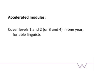 Accelerated modules:
Cover levels 1 and 2 (or 3 and 4) in one year,
for able linguists
 
