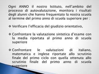 Ogni ANNO il nostro Istituto, nell’ambito del
processo di autovalutazione, monitora i risultati
degli alunni che hanno frequentato la nostra scuola
al termine del primo anno di scuola superiore per :
 Verificare l’efficacia del giudizio orientativo,
 Confrontare la valutazione sintetica d’esame con
la media riportata al primo anno di scuola
superiore
 Confrontare le valutazioni di italiano,
matematica e inglese riportate allo scrutinio
finale del primo ciclo con quella ottenuta allo
scrutinio finale del primo anno di scuola
superiore
 