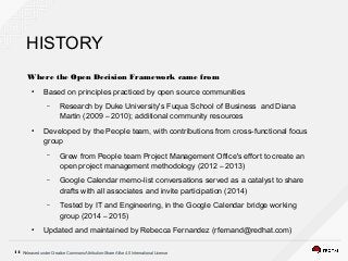Released under Creative Commons Attribution-Share Alike 4.0 International License14
HISTORY
Where the Open Decision Framework came from
●
Based on principles practiced by open source communities
– Research by Duke University's Fuqua School of Business and Diana
Martin (2009 – 2010); additional community resources
●
Developed by the People team, with contributions from cross-functional focus
group
– Grew from People team Project Management Office's effort to create an
open project management methodology (2012 – 2013)
– Google Calendar memo-list conversations served as a catalyst to share
drafts with all associates and invite participation (2014)
– Tested by IT and Engineering, in the Google Calendar bridge working
group (2014 – 2015)
●
Updated and maintained by Rebecca Fernandez (rfernand@redhat.com)
 
