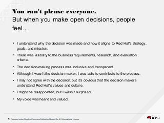 Released under Creative Commons Attribution-Share Alike 4.0 International License6
You can't please everyone.
But when you make open decisions, people
feel...
●
I understand why the decision was made and how it aligns to Red Hat's strategy,
goals, and mission.
●
There was visibility to the business requirements, research, and evaluation
criteria.
●
The decision-making process was inclusive and transparent.
●
Although I wasn't the decision maker, I was able to contribute to the process.
●
I may not agree with the decision, but it's obvious that the decision makers
understand Red Hat's values and culture.
●
I might be disappointed, but I wasn't surprised.
●
My voice was heard and valued.
 