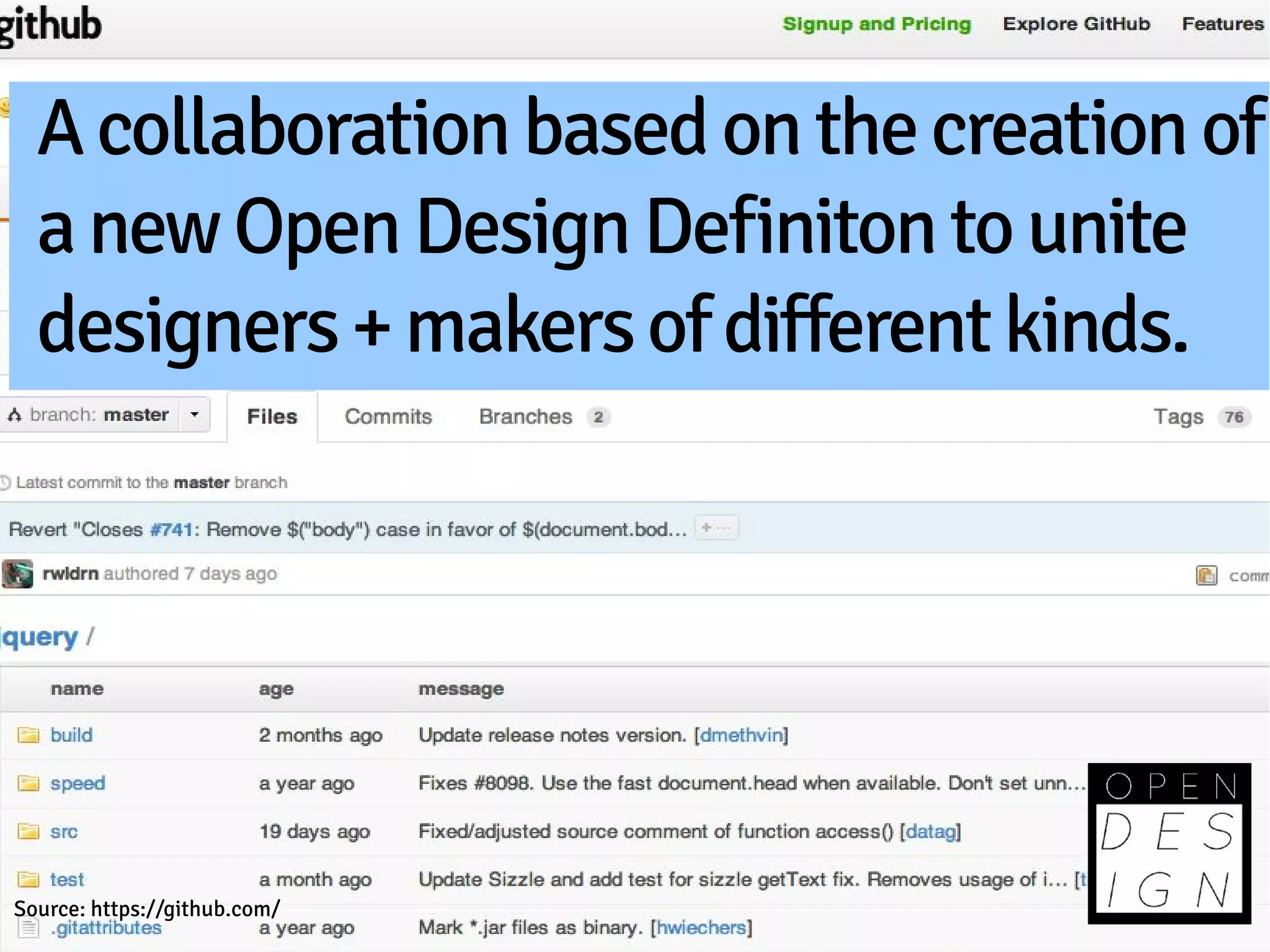 A collaboration based on the creation of
  a new Open Design Definiton to unite
  designers + makers of different kinds.




Source: https://github.com/
 