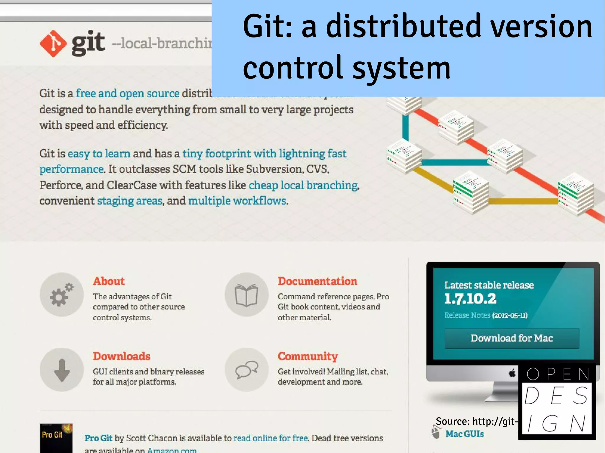 Git: a distributed version
control system




              Source: http://git-scm.com/
 