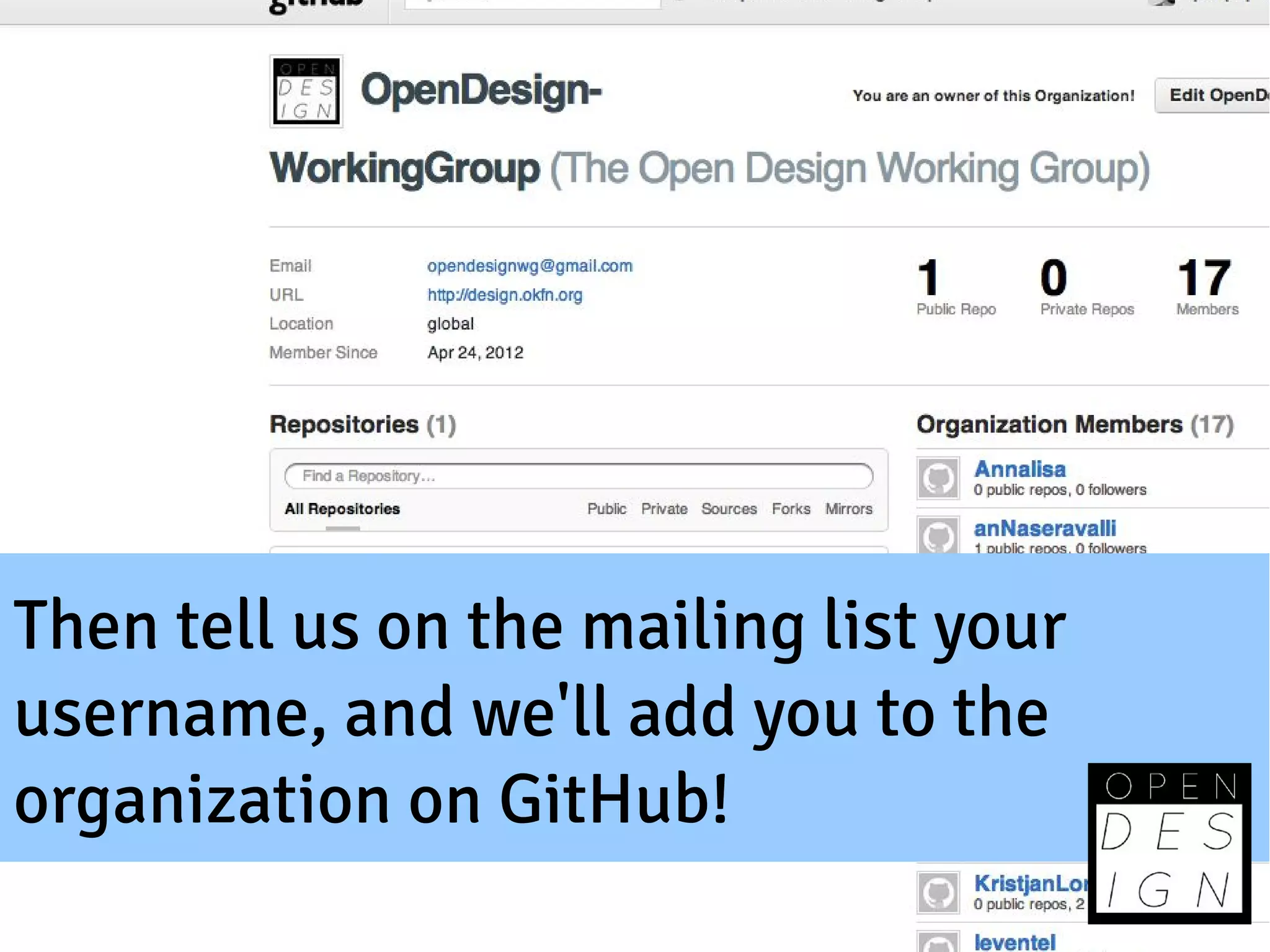 Then tell us on the mailing list your
username, and we'll add you to the
organization on GitHub!
 