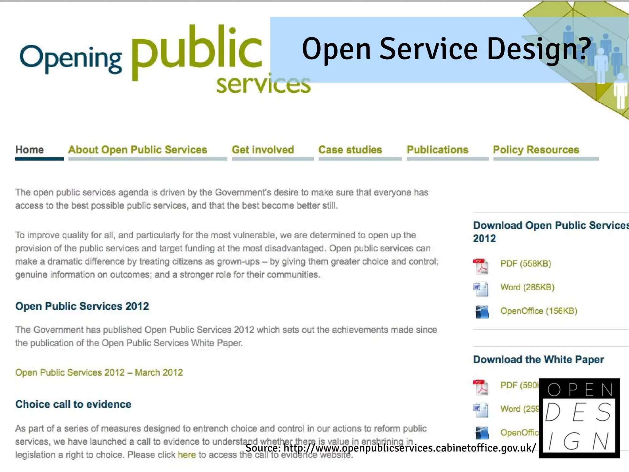 Open Service Design?




Source: http://www.openpublicservices.cabinetoffice.gov.uk/
 