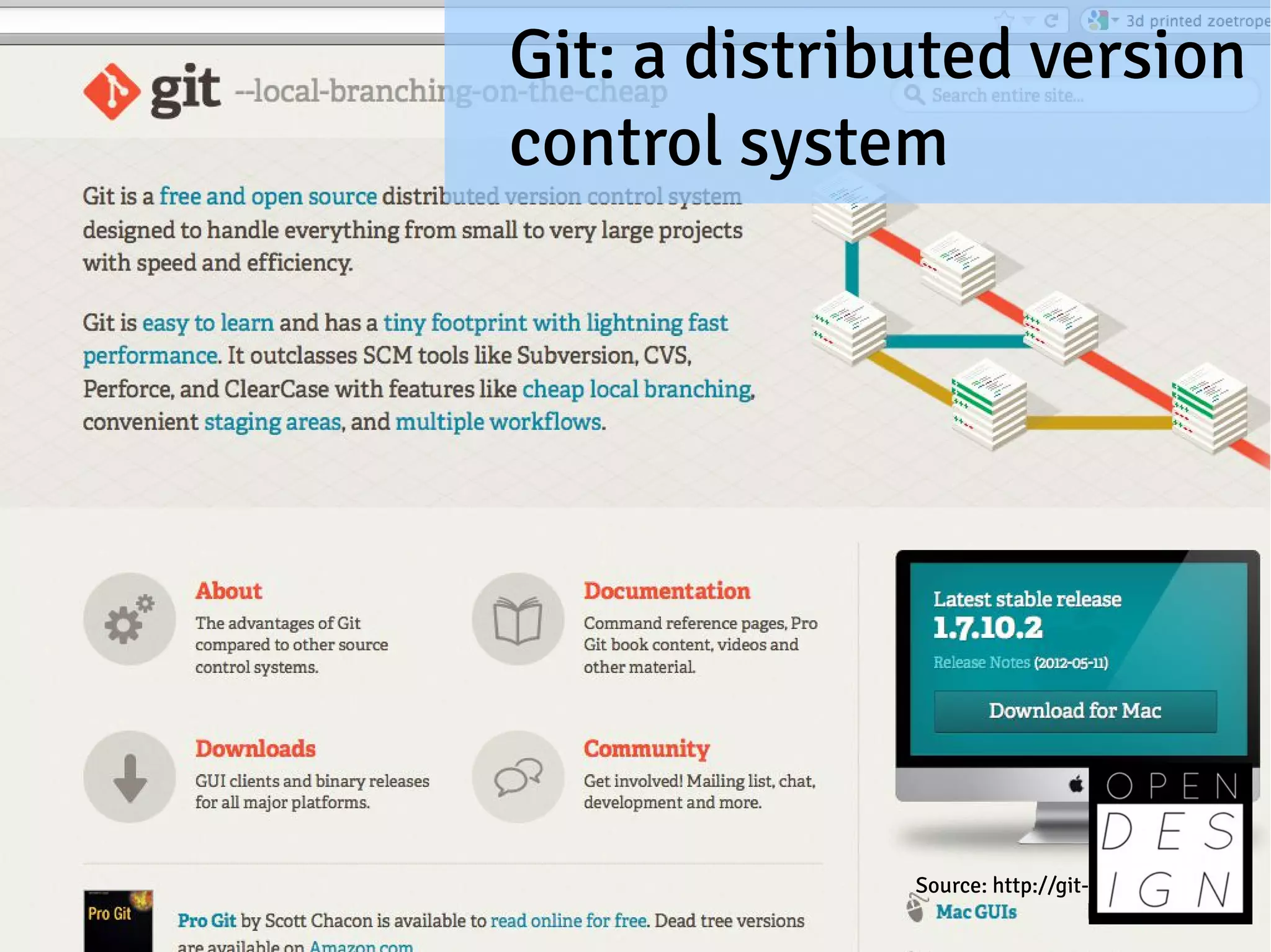 Git: a distributed version
control system




              Source: http://git-scm.com/
 
