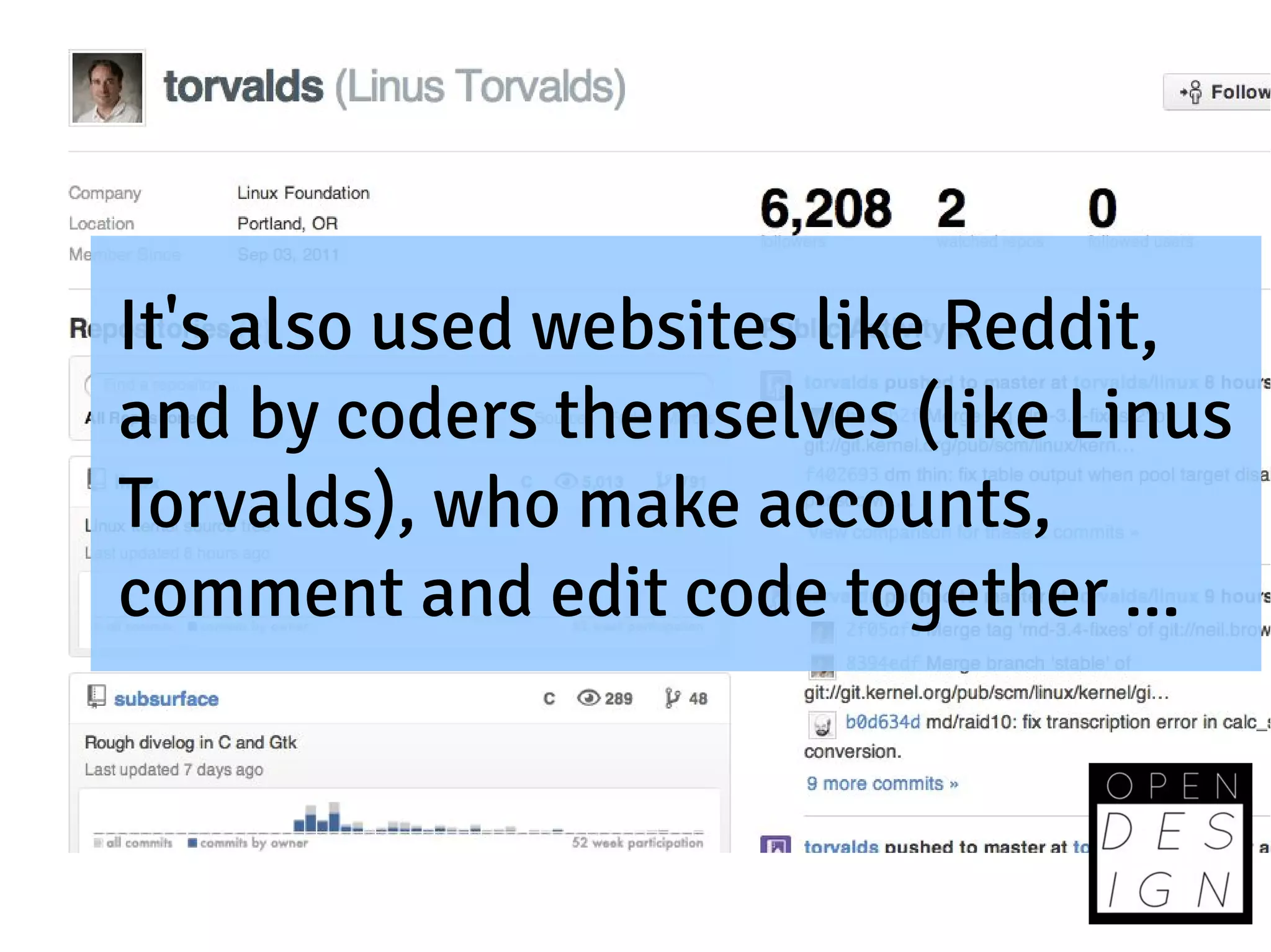 It's also used websites like Reddit,
and by coders themselves (like Linus
Torvalds), who make accounts,
comment and edit code together ...
 