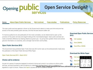 Open Service Design?




Source: http://www.openpublicservices.cabinetoffice.gov.uk/
 