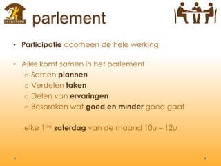 parlement
• Participatie doorheen de hele werking
• Alles komt samen in het parlement
o Samen plannen
o Verdelen taken
o Delen van ervaringen
o Bespreken wat goed en minder goed gaat
elke 1ste zaterdag van de maand 10u – 12u
 