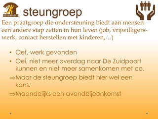 steungroep
• Oef, werk gevonden
• Oei, niet meer overdag naar De Zuidpoort
kunnen en niet meer samenkomen met co.
Maar de steungroep biedt hier wel een
kans.
Maandelijks een avondbijeenkomst
Een praatgroep die ondersteuning biedt aan mensen
een andere stap zetten in hun leven (job, vrijwilligers-
werk, contact herstellen met kinderen,…)
 