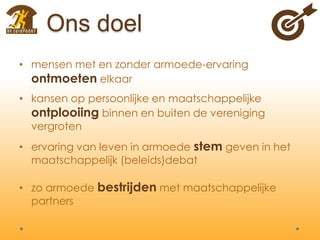 Ons doel
• mensen met en zonder armoede-ervaring
ontmoeten elkaar
• kansen op persoonlijke en maatschappelijke
ontplooiing binnen en buiten de vereniging
vergroten
• ervaring van leven in armoede stem geven in het
maatschappelijk (beleids)debat
• zo armoede bestrijden met maatschappelijke
partners
 