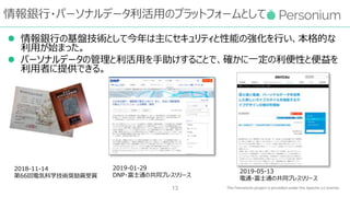 情報銀行・パーソナルデータ利活用のプラットフォームとして
 情報銀行の基盤技術として今年は主にセキュリティと性能の強化を行い、本格的な
利用が始まった。
 パーソナルデータの管理と利活用を手助けすることで、確かに一定の利便性と便益を
利用者に提供できる。
13
2018-11-14
第66回電気科学技術奨励賞受賞
2019-01-29
DNP・富士通の共同プレスリリース
2019-05-13
電通・富士通の共同プレスリリース
 