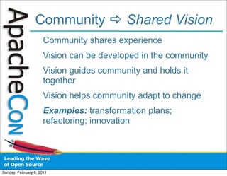 Community  Shared Vision
                      Community shares experience
                      Vision can be developed in the community
                      Vision guides community and holds it
                      together
                      Vision helps community adapt to change
                      Examples: transformation plans;
                      refactoring; innovation




Sunday, February 6, 2011
 