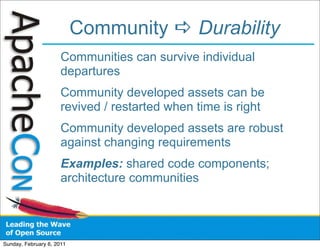 Community  Durability
                      Communities can survive individual
                      departures
                      Community developed assets can be
                      revived / restarted when time is right
                      Community developed assets are robust
                      against changing requirements
                      Examples: shared code components;
                      architecture communities




Sunday, February 6, 2011
 
