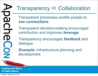 Transparency  Collaboration
                      Transparent processes enable people to
                      see connections
                      Transparent decision-making encourages
                      contribution and improves leverage
                      Transparency encourages feedback and
                      dialogue
                      Example: infrastructure planning and
                      development




Sunday, February 6, 2011
 