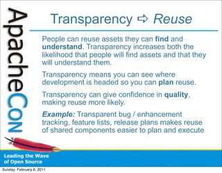 Transparency  Reuse
                      People can reuse assets they can find and
                      understand. Transparency increases both the
                      likelihood that people will find assets and that they
                      will understand them.
                      Transparency means you can see where
                      development is headed so you can plan reuse.
                      Transparency can give confidence in quality,
                      making reuse more likely.
                      Example: Transparent bug / enhancement
                      tracking, feature lists, release plans makes reuse
                      of shared components easier to plan and execute




Sunday, February 6, 2011
 
