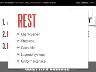 Open Development // un modello ideale per costruire un prodotto enterprise Paolo Mottadelli // Adobe
OBIETTIVOCOMUNE
1. Il RIUSOrichiede STRUTTUREPULITE
2.PIU’CASID’USOrichiedono GENERALIZZAZIONE
3.ESTENDIBILITA’richiede MODULARIZZAZIONE
REST
OSGI
REST✴ Client-Server
✴ Stateless
✴ Cachable
✴ Layered systems
✴ Uniform interface
 