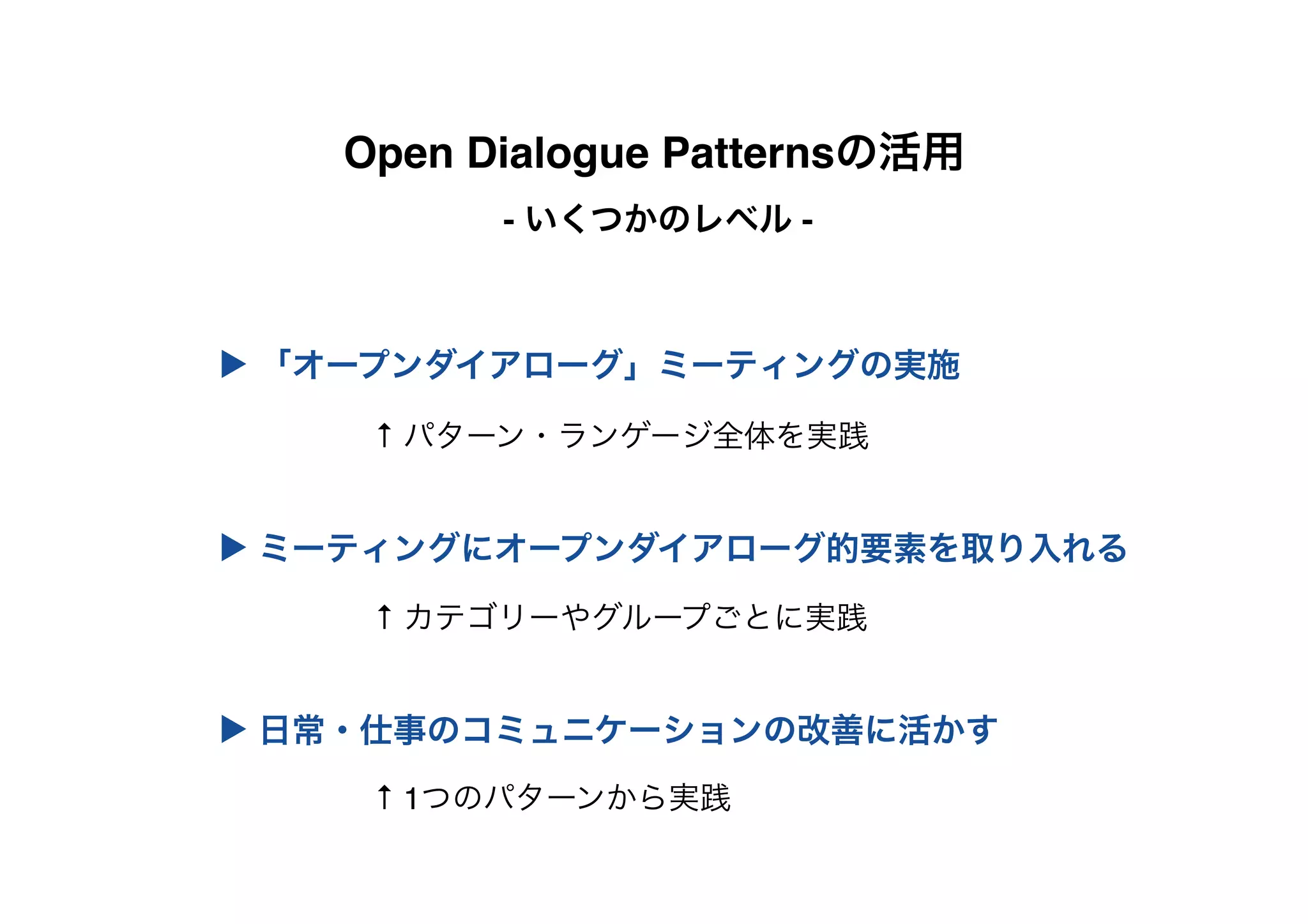 Open Dialogue Patternsの活用
- いくつかのレベル -
▶︎ 「オープンダイアローグ」ミーティングの実施
▶︎ ミーティングにオープンダイアローグ的要素を取り入れる
▶︎ 日常・仕事のコミュニケーションの改善に活かす
↑ パターン・ランゲージ全体を実践
↑ カテゴリーやグループごとに実践
↑ 1つのパターンから実践
 