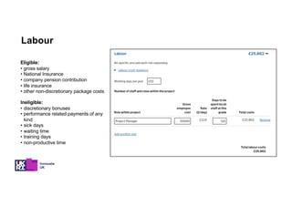 Eligible:
• gross salary
• National Insurance
• company pension contribution
• life insurance
• other non-discretionary package costs
Ineligible:
• discretionary bonuses
• performance related payments of any
kind
• sick days
• waiting time
• training days
• non-productive time
Labour
 