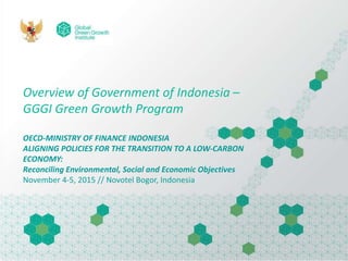 Overview of Government of Indonesia –
GGGI Green Growth Program
OECD-MINISTRY OF FINANCE INDONESIA
ALIGNING POLICIES FOR THE TRANSITION TO A LOW-CARBON
ECONOMY:
Reconciling Environmental, Social and Economic Objectives
November 4-5, 2015 // Novotel Bogor, Indonesia
 