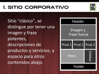 1. sitio corporativo


 Sitio "clásico", se
 distingue por tener una
 imagen y frase
 potentes,
 descripciones de
 productos y servicios, y
 espacio para otros
 contenidos abajo.
 