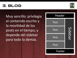 3. blog


 Muy sencillo: privilegia
 el contenido escrito y
 la movilidad de los
 posts en el tiempo, y
 depende del sidebar
 para todo lo demás.
 