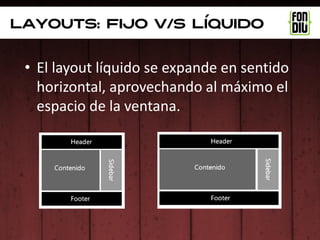 Layouts: fijo v/s líquido


 • El layout líquido se expande en sentido
   horizontal, aprovechando al máximo el
   espacio de la ventana.
 