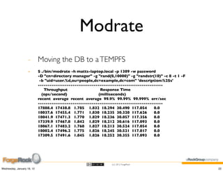 Modrate
                    - Moving the DB to a TEMPFS
                    -       $ ./bin/modrate -h matts-laptop.local -p 1389 -w password
                            -D "cn=directory manager" -g "rand(0,10000)" -g "randstr(10)" -c 8 -t 1 -F
                             -b "uid=user.%d,ou=people,dc=example,dc=com" 'description:%2$s'
                            -----------------------------------------------------------------
                                Throughput                   Response Time
                              (ops/second)                  (milliseconds)
                            recent average recent average 99.9% 99.99% 99.999% err/sec
                            -----------------------------------------------------------------
                            17888.4 17438.8 1.785 1.832 18.294 30.490 117.054           0.0
                            18037.6 17455.4 1.771 1.830 18.235 30.320 117.626           0.0
                            18041.9 17471.3 1.770 1.829 18.236 30.057 117.356           0.0
                            17339.9 17467.8 1.842 1.829 18.212 30.616 117.093           0.0
                            18067.1 17483.2 1.768 1.827 18.213 30.524 117.054           0.0
                            18002.4 17496.2 1.775 1.826 18.245 30.521 117.017           0.0
                            17309.5 17491.6 1.845 1.826 18.252 30.355 117.093           0.0




                                                                 (cc) 2012 ForgeRock

Wednesday, January 18, 12                                                                                22
 