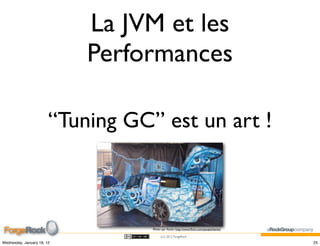 La JVM et les
                            Performances

                        “Tuning GC” est un art !



                                   Photo par Kecko http://www.ﬂickr.com/people/kecko/

                                        (cc) 2012 ForgeRock

Wednesday, January 18, 12                                                               25
 
