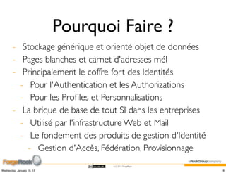 Pourquoi Faire ?
        - Stockage générique et orienté objet de données
        - Pages blanches et carnet d'adresses mél
        - Principalement le coffre fort des Identités
          - Pour l'Authentication et les Authorizations
          - Pour les Proﬁles et Personnalisations
        - La brique de base de tout SI dans les entreprises
          - Utilisé par l'infrastructure Web et Mail
          - Le fondement des produits de gestion d'Identité
            - Gestion d'Accès, Fédération, Provisionnage
                                    (cc) 2012 ForgeRock

Wednesday, January 18, 12                                     8
 