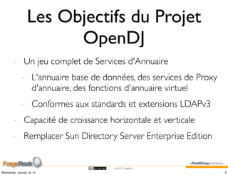 Les Objectifs du Projet
                        OpenDJ
         - Un jeu complet de Services d'Annuaire
              - L'annuaire base de données, des services de Proxy
                d'annuaire, des fonctions d'annuaire virtuel
              - Conformes aux standards et extensions LDAPv3
         - Capacité de croissance horizontale et verticale
         - Remplacer Sun Directory Server Enterprise Edition


                                      (cc) 2012 ForgeRock

Wednesday, January 18, 12                                           9
 
