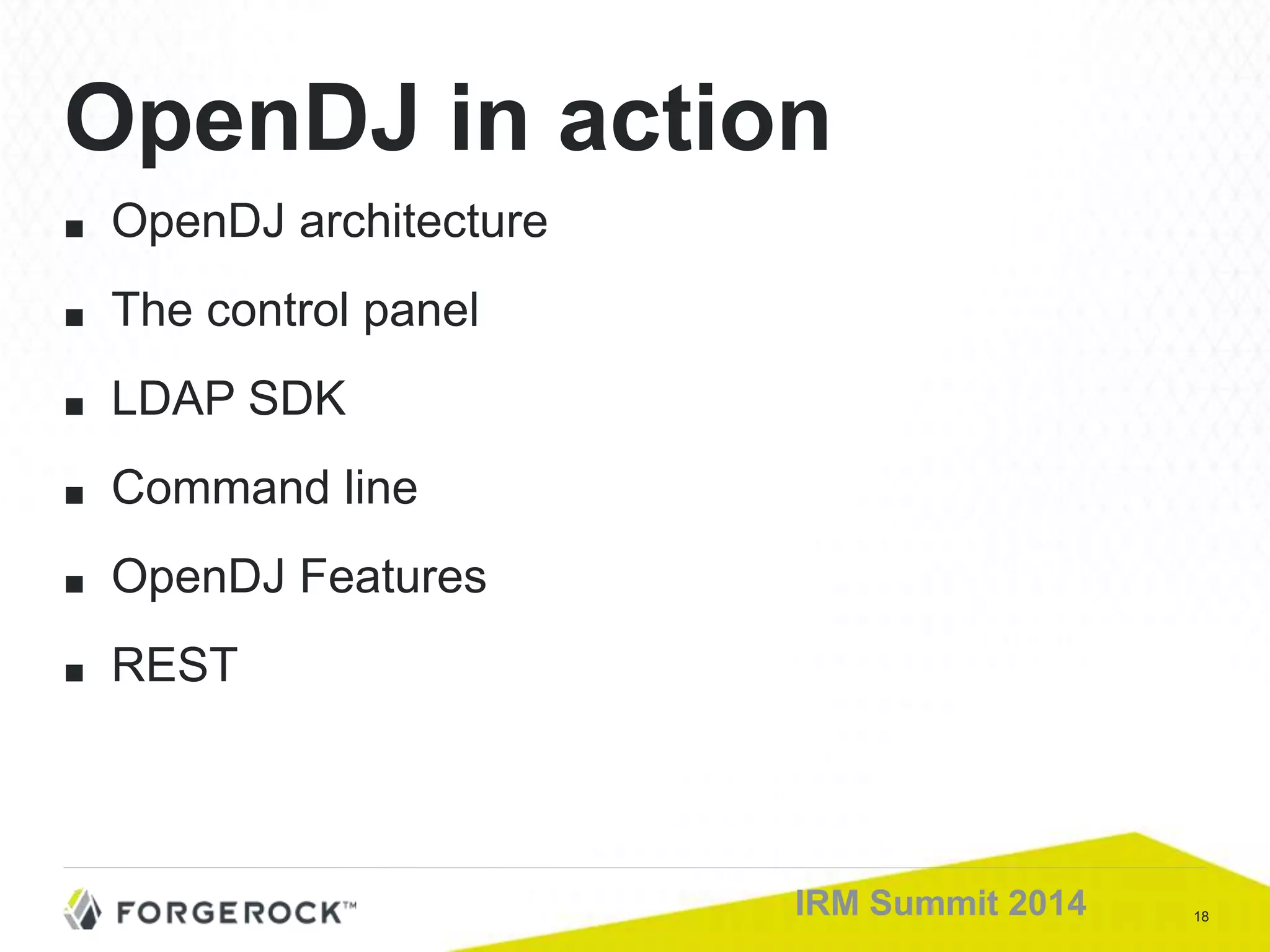 18IRM Summit 2014
■ OpenDJ architecture
■ The control panel
■ LDAP SDK
■ Command line
■ OpenDJ Features
■ REST
OpenDJ in action
 