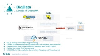 SQL
SQL
 SQL in Hadoop minimiert die Programmierung
 Lambda Architektur erhöht Reproduzierbarkeit durch Reduktion der Komplexität
 Erweiterung um Real-Time Anforderung – allerdings auch mit API (Storm)
 Caching durch Kylin OLAP-Komponente
 In RDBMS wird SQL verarbeitet, das eine hohe Akzeptanz und Verbreitung hat
BigData
Lambda im OpenDMA
 