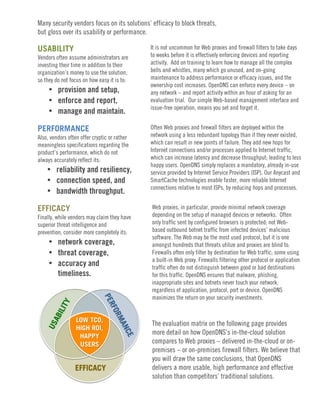 Many security vendors focus on its solutions’ efficacy to block threats,
but gloss over its usability or performance.

USABILITY                                     It is not uncommon for Web proxies and firewall filters to take days
Vendors often assume administrators are       to weeks before it is effectively enforcing devices and reporting
investing their time in addition to their     activity. Add on training to learn how to manage all the complex
organization’s money to use the solution,     bells and whistles, many which go unused, and on-going
so they do not focus on how easy it is to:    maintenance to address performance or efficacy issues, and the
                                              ownership cost increases. OpenDNS can enforce every device – on
     • provision and setup,                   any network – and report activity within an hour of asking for an
     • enforce and report,                    evaluation trial. Our simple Web-based management interface and
                                              issue-free operation, means you set and forget it.
     • manage and maintain.

PERFORMANCE                                   Often Web proxies and firewall filters are deployed within the
Also, vendors often offer cryptic or rather   network using a less redundant topology than if they never existed,
meaningless specifications regarding the      which can result in new points of failure. They add new hops for
product’s performance, which do not           Internet connections and/or processes applied to Internet traffic,
always accurately reflect its:                which can increase latency and decrease throughput; leading to less
                                              happy users. OpenDNS simply replaces a mandatory, already in-use
    • reliability and resiliency,             service provided by Internet Service Providers (ISP). Our Anycast and
    • connection speed, and                   SmartCache technologies enable faster, more reliable Internet
                                              connections relative to most ISPs, by reducing hops and processes.
    • bandwidth throughput.

EFFICACY                                      Web proxies, in particular, provide minimal network coverage
Finally, while vendors may claim they have    depending on the setup of managed devices or networks. Often
superior threat intelligence and              only traffic sent by configured browsers is protected; not Web-
prevention, consider more completely its:     based outbound botnet traffic from infected devices’ malicious
                                              software. The Web may be the most used protocol, but it is one
     • network coverage,                      amongst hundreds that threats utilize and proxies are blind to.
     • threat coverage,                       Firewalls often only filter by destination for Web traffic; some using
                                              a built-in Web proxy. Firewalls filtering other protocol or application
     • accuracy and                           traffic often do not distinguish between good or bad destinations
       timeliness.                            for this traffic. OpenDNS ensures that malware, phishing,
                                              inappropriate sites and botnets never touch your network,
                                              regardless of application, protocol, port or device. OpenDNS
                                              maximizes the return on your security investments.
                              PE
         TY




                                RF
        ILI




                                  OR
     AB




                  LOW TCO,
                                    MA




                                              The evaluation matrix on the following page provides
   US




                  HIGH ROI,
                                       N




                                              more detail on how OpenDNS’s in-the-cloud solution
                                        CE




                   HAPPY
                   USERS                      compares to Web proxies – delivered in-the-cloud or on-
                                              premises – or on-premises firewall filters. We believe that
                                              you will draw the same conclusions, that OpenDNS
                 EFFICACY                     delivers a more usable, high performance and effective
                                              solution than competitors’ traditional solutions.
 