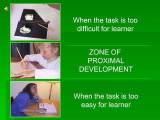 When the task is too difficult for learner When the task is too easy for learner ZONE OF  PROXIMAL DEVELOPMENT 