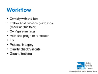 Workflow
• Comply with the law
• Follow best practice guidelines
(more on this later)
• Configure settings
• Plan and program a mission
• Fly
• Process imagery
• Quality check/validate
• Ground truthing
Drone Assist from NATS, Altitude Angel
 
