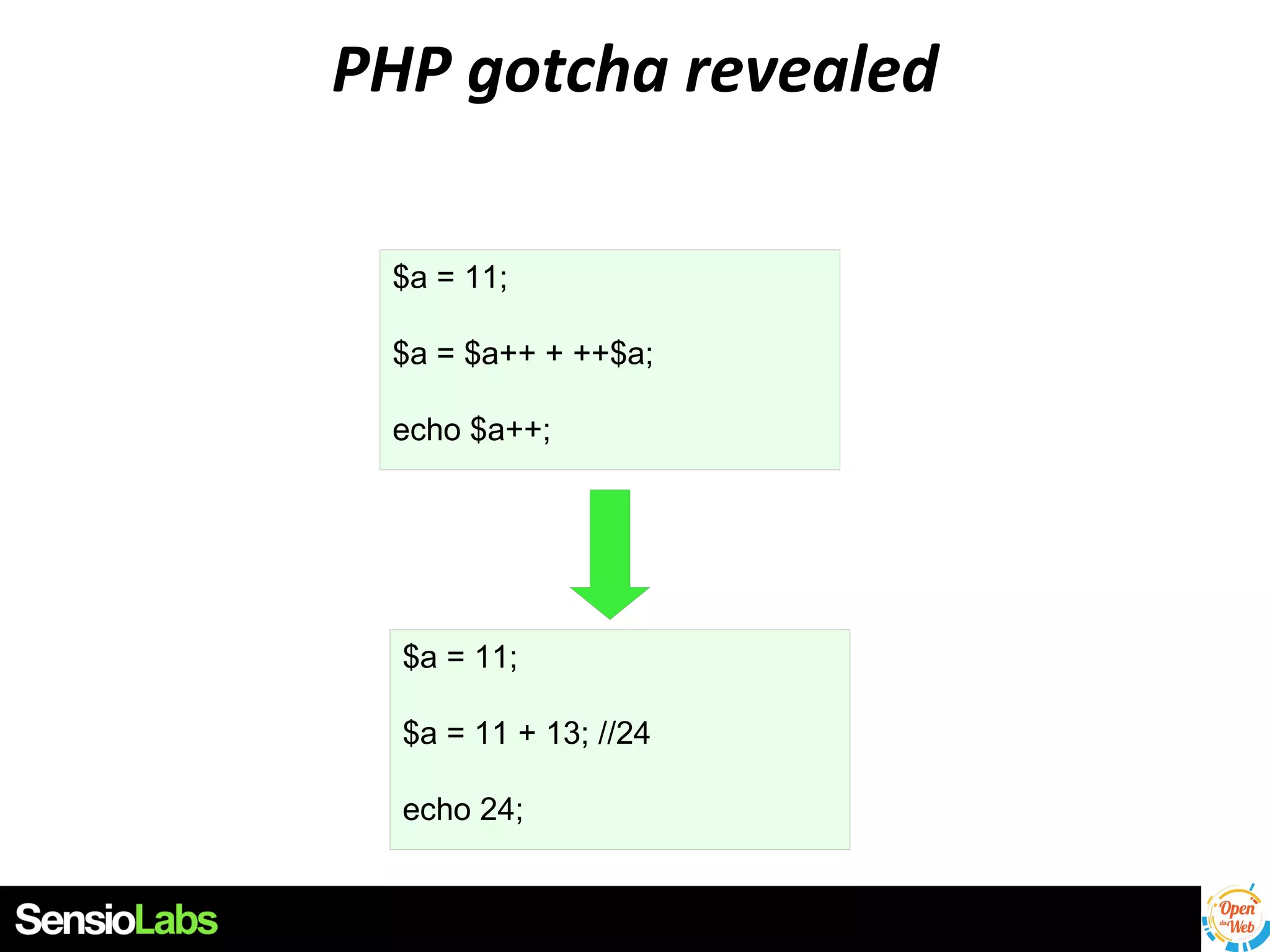 PHP gotcha revealed
$a = 11;
$a = $a++ + ++$a;
echo $a++;

$a = 11;
$a = 11 + 13; //24
echo 24;

 