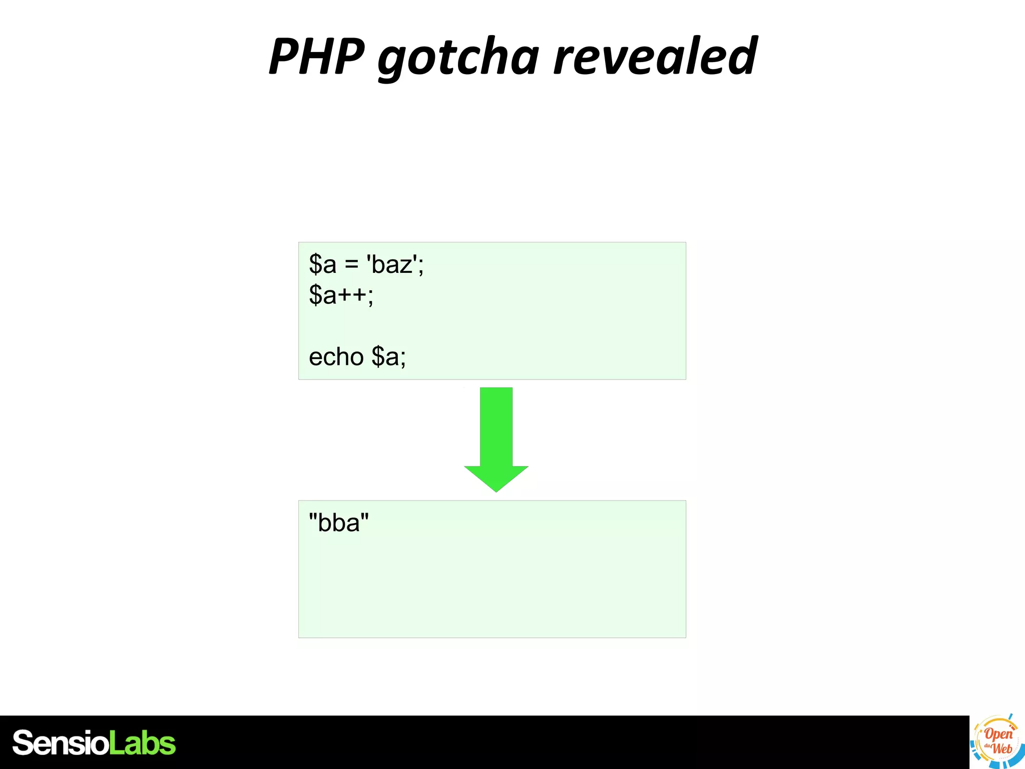 PHP gotcha revealed

$a = 'baz';
$a++;
echo $a;

"bba"

 