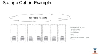 Storage Cohort Example
Nodes with PCIe SSDs
40-100Gb NICs
512 GB RAM
32-96 cores
(Horizontally scalable / Rack
Scaled)
NW Fabric for NVMe
 