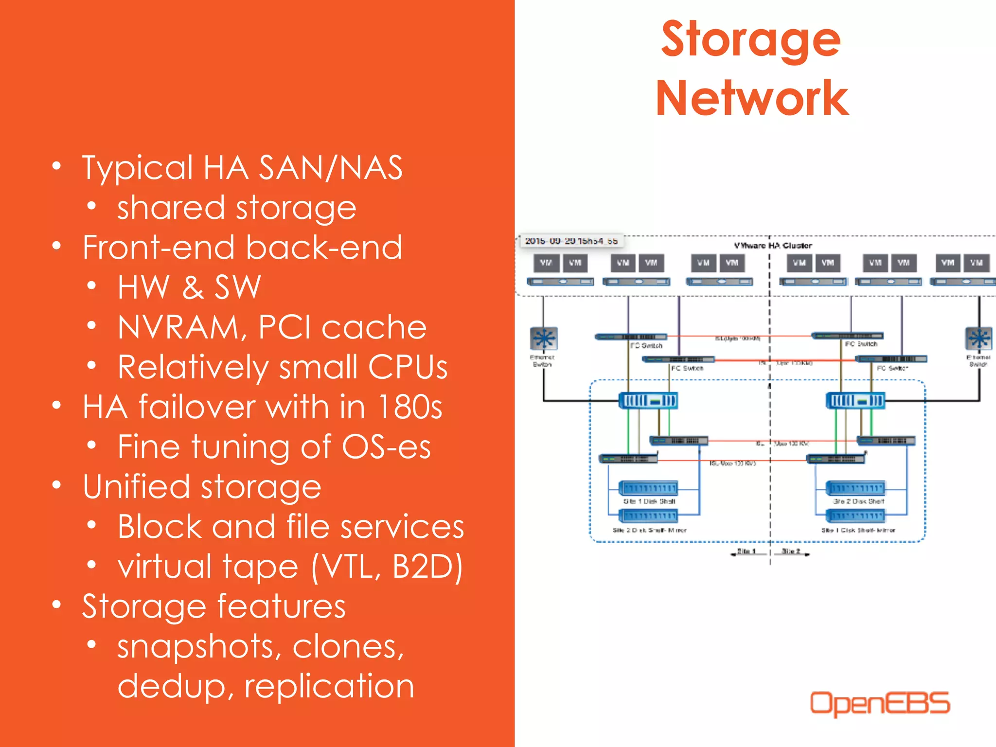 • Typical HA SAN/NAS
• shared storage
• Front-end back-end
• HW & SW
• NVRAM, PCI cache
• Relatively small CPUs
• HA failover with in 180s
• Fine tuning of OS-es
• Unified storage
• Block and file services
• virtual tape (VTL, B2D)
• Storage features
• snapshots, clones,
dedup, replication
Storage
Network
 