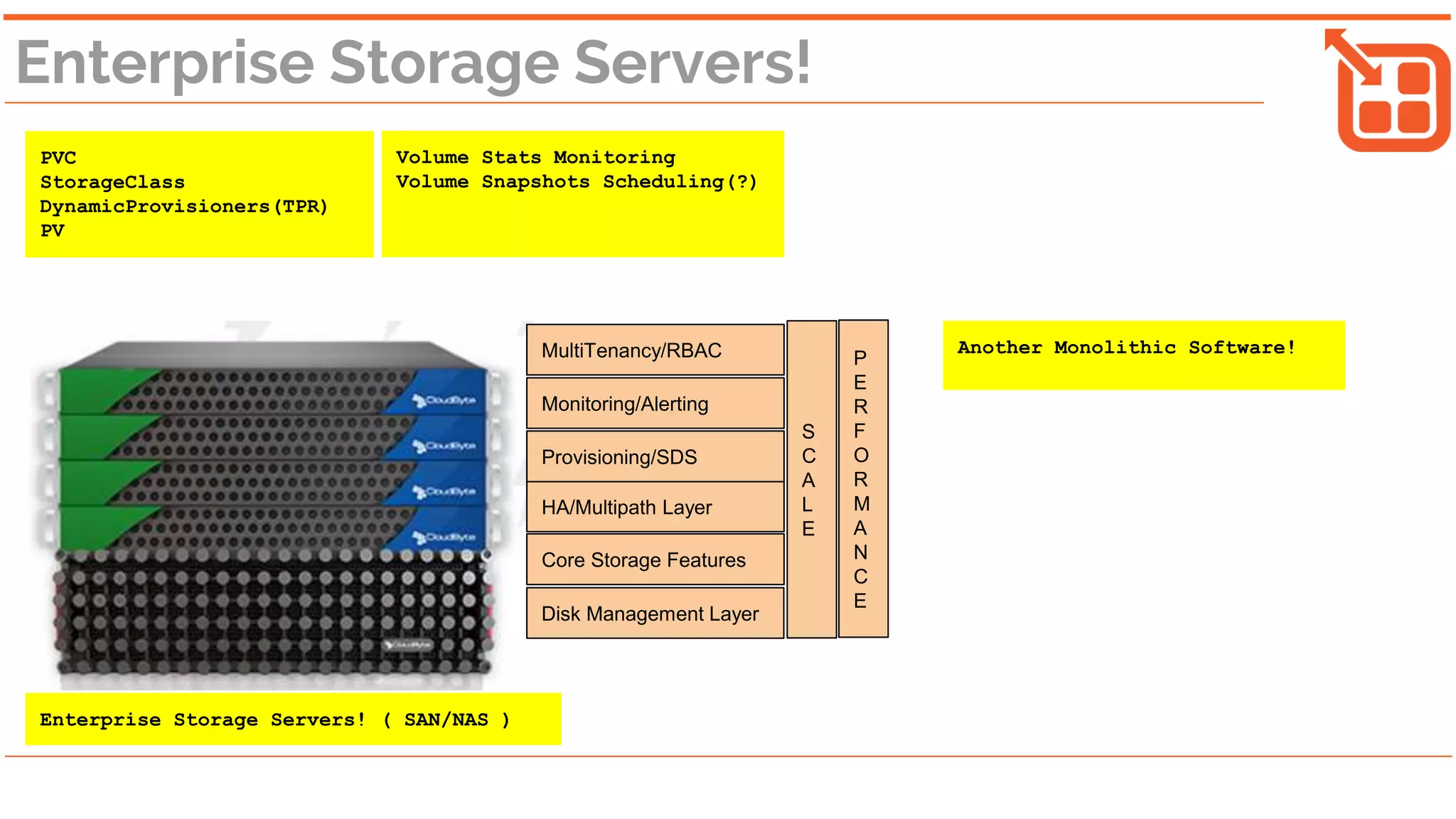 Enterprise Storage Servers!
PVC
StorageClass
DynamicProvisioners(TPR)
PV
Volume Stats Monitoring
Volume Snapshots Scheduling(?)
Disk Management Layer
Core Storage Features
HA/Multipath Layer
Provisioning/SDS
S
C
A
L
E
P
E
R
F
O
R
M
A
N
C
E
MultiTenancy/RBAC
Monitoring/Alerting
Another Monolithic Software!
Enterprise Storage Servers! ( SAN/NAS )
 