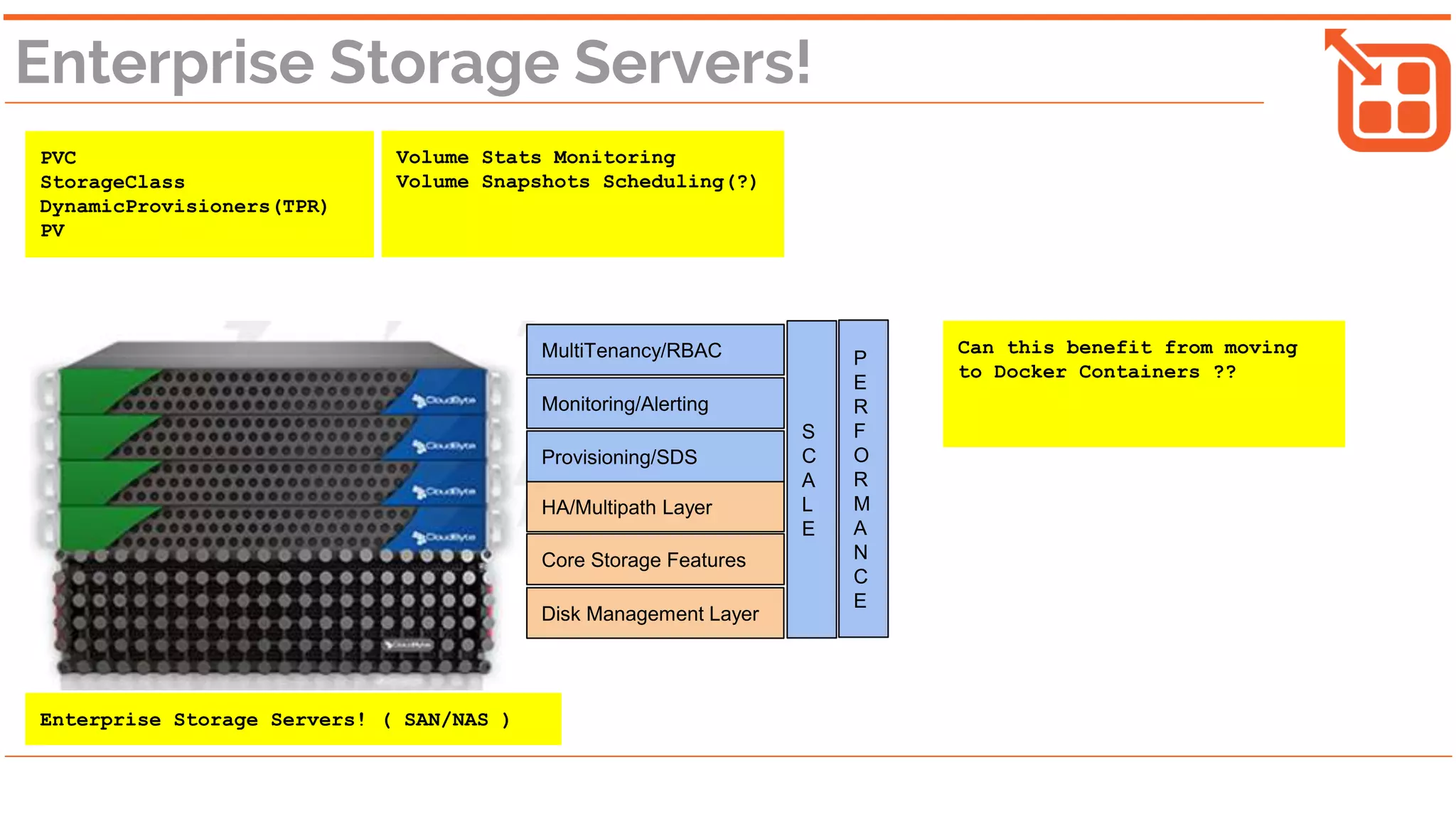 Enterprise Storage Servers!
PVC
StorageClass
DynamicProvisioners(TPR)
PV
Volume Stats Monitoring
Volume Snapshots Scheduling(?)
Disk Management Layer
Core Storage Features
HA/Multipath Layer
Provisioning/SDS
S
C
A
L
E
P
E
R
F
O
R
M
A
N
C
E
MultiTenancy/RBAC
Monitoring/Alerting
Can this benefit from moving
to Docker Containers ??
Enterprise Storage Servers! ( SAN/NAS )
 