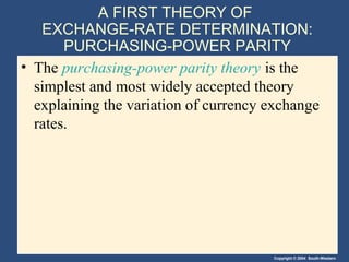 Copyright © 2004 South-Western
A FIRST THEORY OF
EXCHANGE-RATE DETERMINATION:
PURCHASING-POWER PARITY
• The purchasing-power parity theory is the
simplest and most widely accepted theory
explaining the variation of currency exchange
rates.
 