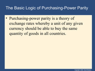Copyright © 2004 South-Western
The Basic Logic of Purchasing-Power Parity
• Purchasing-power parity is a theory of
exchange rates whereby a unit of any given
currency should be able to buy the same
quantity of goods in all countries.
 