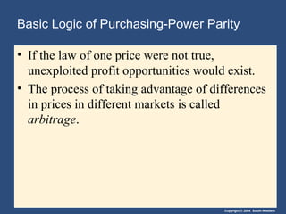 Copyright © 2004 South-Western
Basic Logic of Purchasing-Power Parity
• If the law of one price were not true,
unexploited profit opportunities would exist.
• The process of taking advantage of differences
in prices in different markets is called
arbitrage.
 