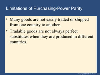 Copyright © 2004 South-Western
Limitations of Purchasing-Power Parity
• Many goods are not easily traded or shipped
from one country to another.
• Tradable goods are not always perfect
substitutes when they are produced in different
countries.
 