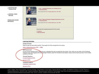 OCW Scholar – 8.01SC

Lewin, Walter, Peter Dourmashkin, Thomas Greytak, Craig Watkins, Andy Neely, Sahana Murthy, J. Litster, and Matthew Strafuss. 8.01SC Physics I:
Classical Mechanics, Fall 2010. (MIT OpenCourseWare: Massachusetts Institute of Technology), http://ocw.mit.edu/courses/physics/8-01sc-physics-iclassical-mechanics-fall-2010 (Accessed 7 Nov, 2013). License: Creative Commons BY-NC-SA

13

 