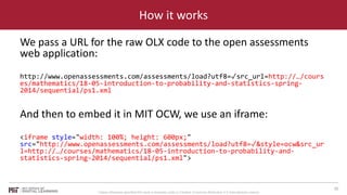 How it works 
We pass a URL for the raw OLX code to the open assessments 
web application: 
http://www.openassessments.com...