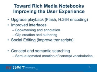 Toward Rich Media Notebooks Improving the User Experience <ul><li>Upgrade playback (Flash, H.264 encoding) </li></ul><ul><...