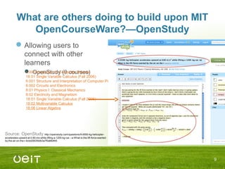 What are others doing to build upon MIT
OpenCourseWare?—OpenStudy
Allowing users to
connect with other
learners
 OpenStu...