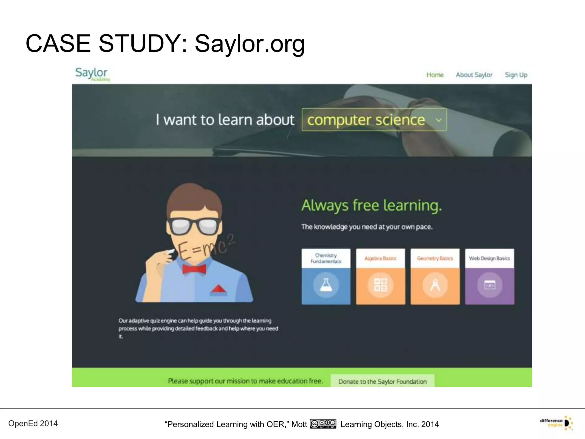 CASE STUDY: Saylor.org 
OpenEd 2014 “Personalized Learning with OER,” Mott Learning Objects, Inc. 2014 
 